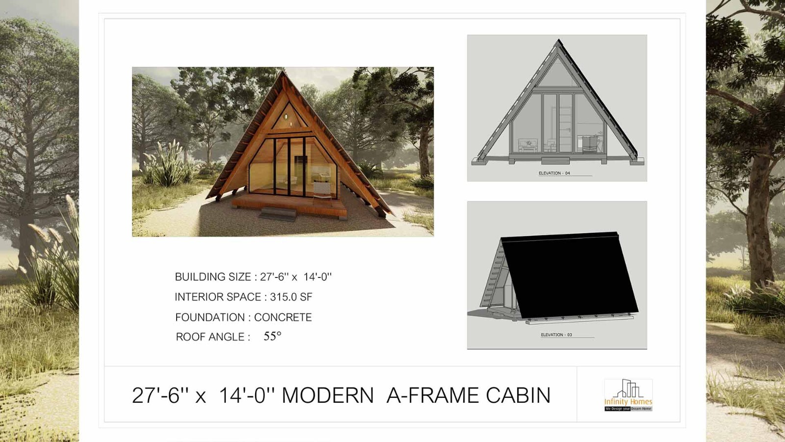 27’-6’’ x 14’-0’’ MODERN A–FRAME CABIN HOUSE PLAN PDF & 3D IMAGES
