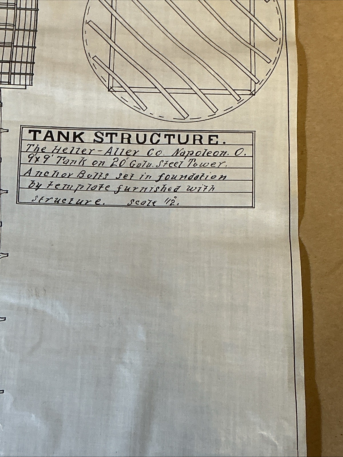 Early 1900s Mechanical Drawing Of Water Tower Heller-Alley Co. As Is INV-JDH14