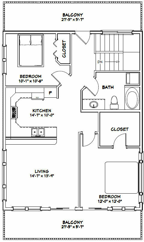 28×36 House — 2 Bedroom 1.5 Bath — 1,170 sq ft — PDF Floor Plan — Model 4