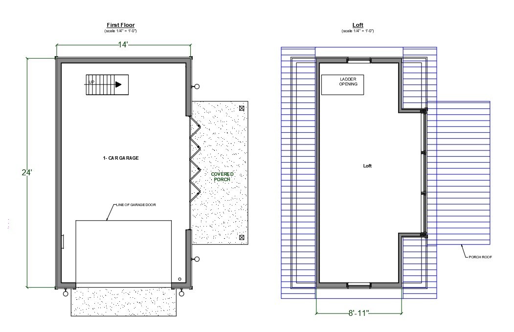 1-Car Detached Garage Plan with Loft and Covered Porch on the Side
