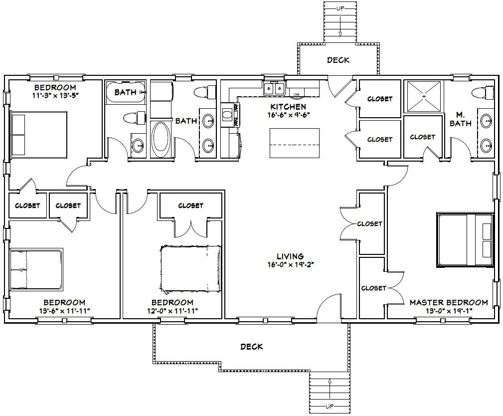 60×30 House — 4 bedroom 3 Bath — 1,800 sqft — PDF Floor Plan — Model 4B