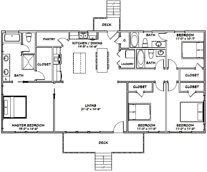60×30 House — 4 bedroom 3 Bath — 1,800 sqft — PDF Floor Plan — Model 3B