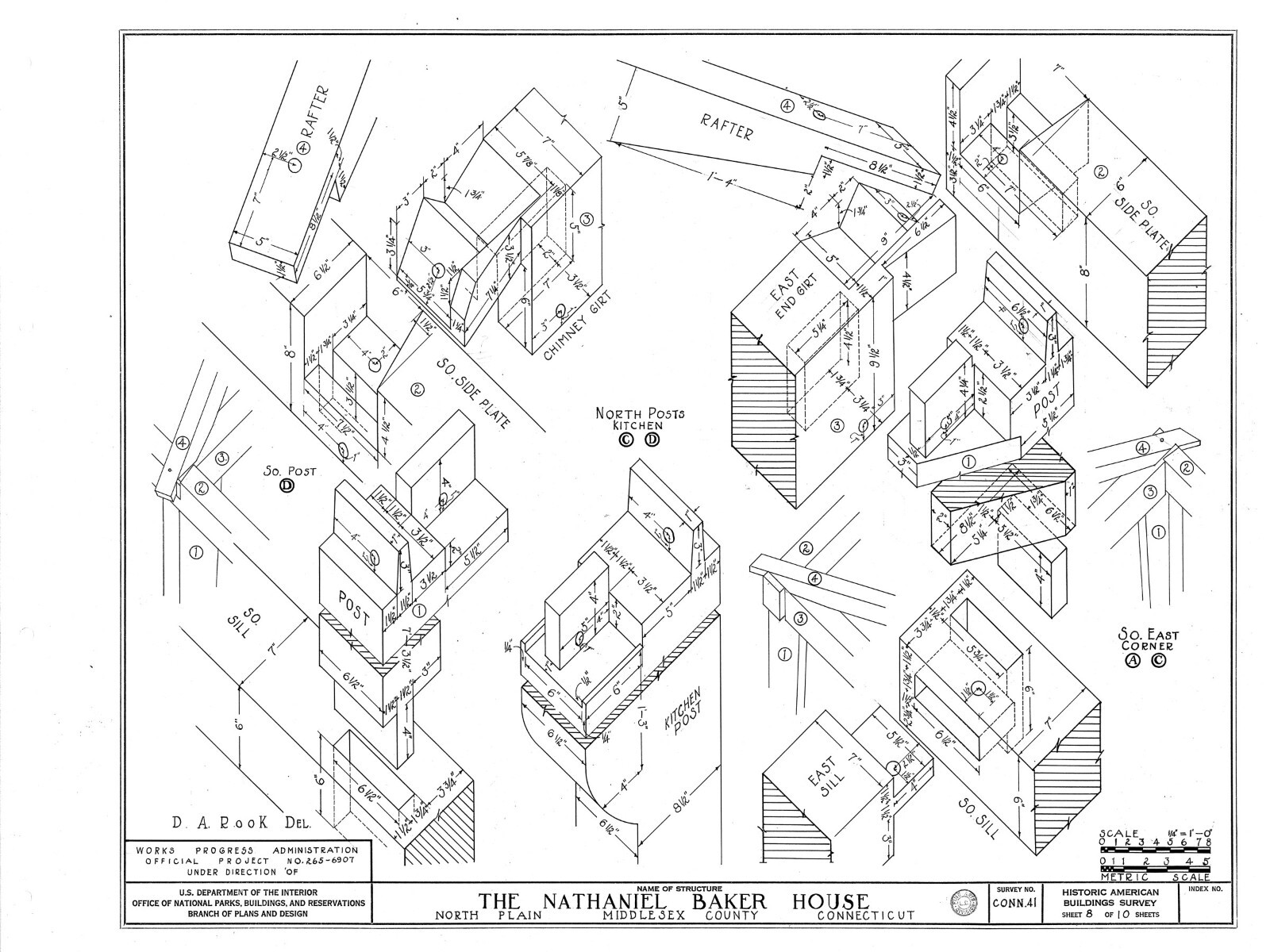 Colonial Cottage, printed architectural plans, detailed timber frame drawings