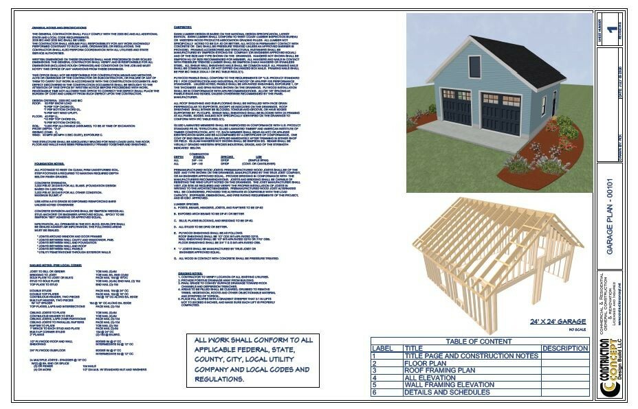 Two Car Garage Plans 24′ x 24′ 6 page Blueprint 