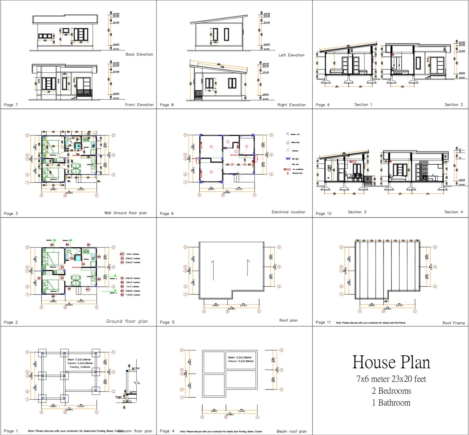 Custom Small House Plan 23×20 Feet 7×6 Meter 2 Beds 1 Bath Shed (A4 Hard Copy)