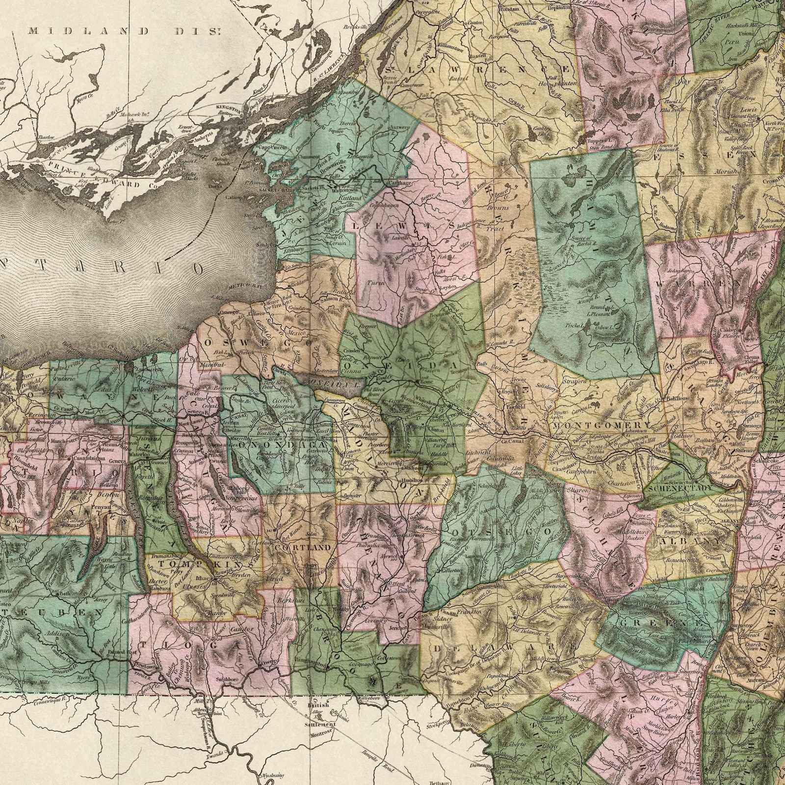 New York State 1823 Antique Map Vintage County Chart Historic Wall Art