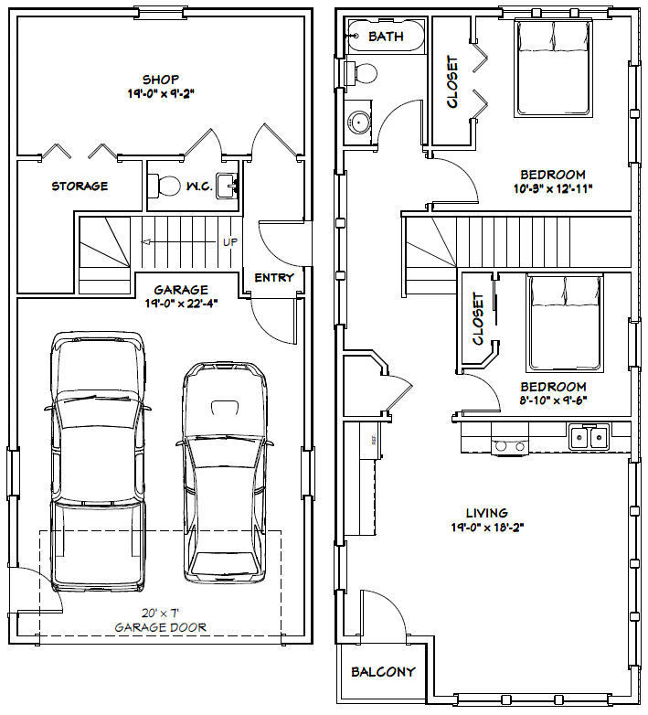 20×42 House – 2 BR 1.5 Bath – 2 Car Garage 1,153 sq ft- PDF FloorPlan – Model 1
