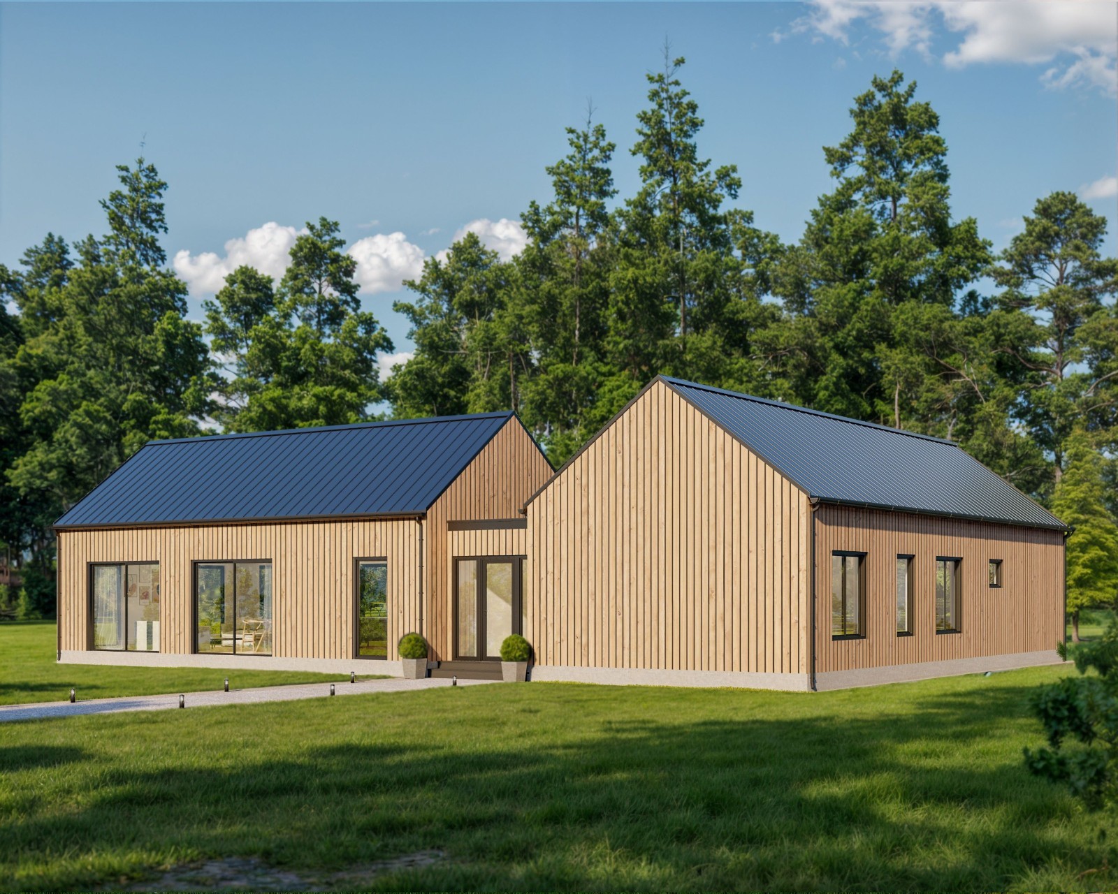 Modern Cabin House, L-shape House, 3 Bed 2 Bath, 1600 Sq Ft, Architectural Plans