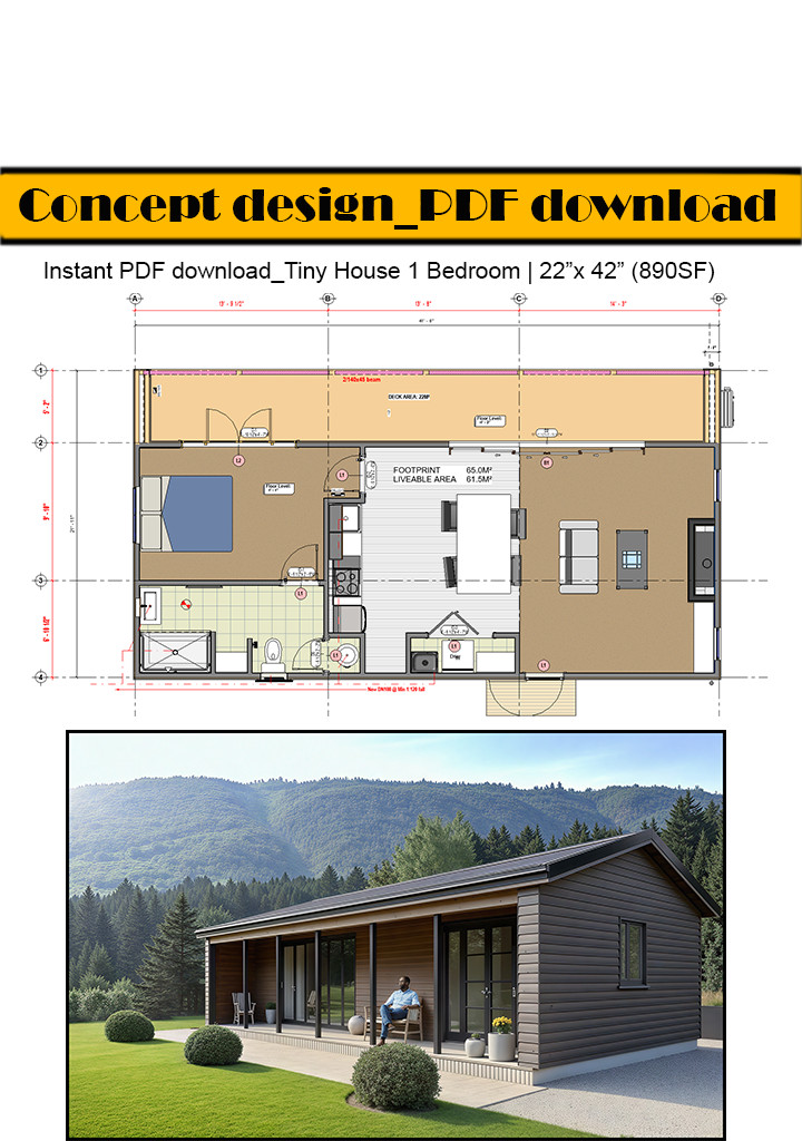 1 Bedroom, 1 Bathroom, (890SF)_ADU Tiny house plan, Full PDF Concept Download