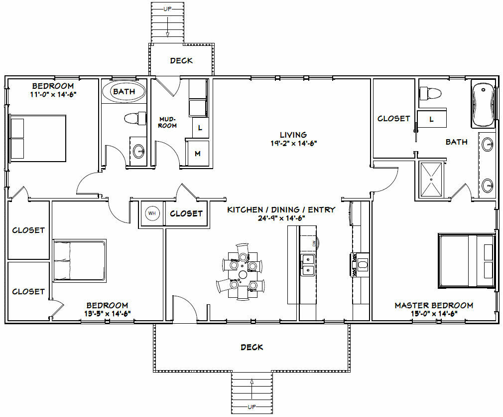 60×30 House — 3 bedroom 2 Bath — 1,800 sqft — PDF Floor Plan — Model 3A