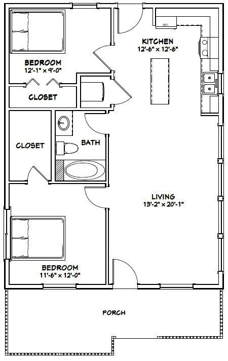 26×34 House — 2 Bedroom 1 Bath — 884 sq ft — PDF Floor Plan 1E
