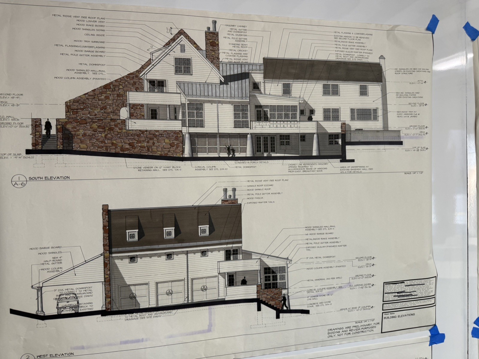 Architectural Renderings 4 Sheets Hand-Colored Elevations 30×42 Design Drawings