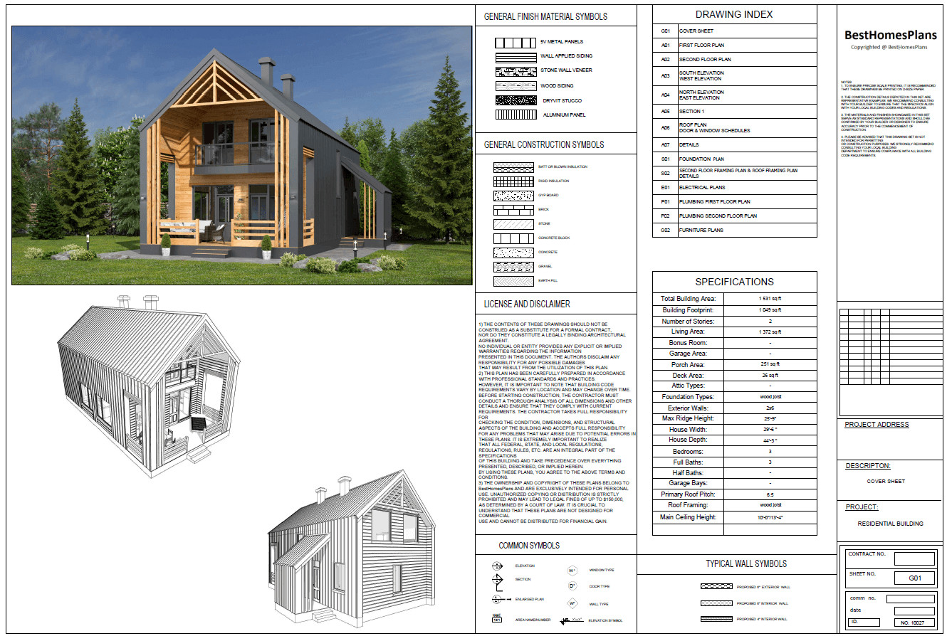 29’x44’ 3 Bed, 3 Bath Premium Barnhouse Architectural Build Plans PDF.