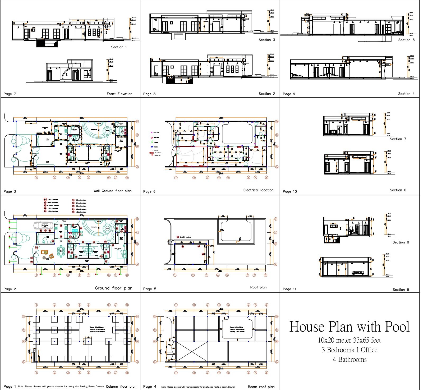 33×65 Feet House Plans 10×20 Meter 3 Bedrooms with Swimming Pool (A4 Hard Copy)