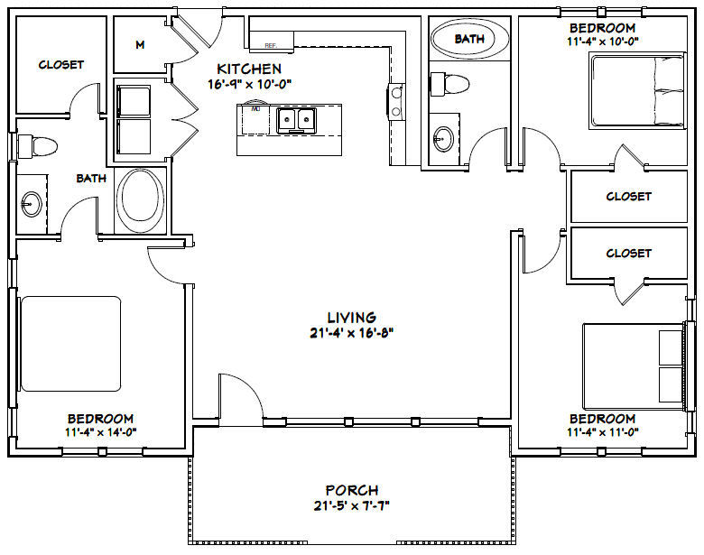 46×30 House — 3 Bedroom 2 Bath — PDF Floor Plan — 1,338 sq ft — Model 1