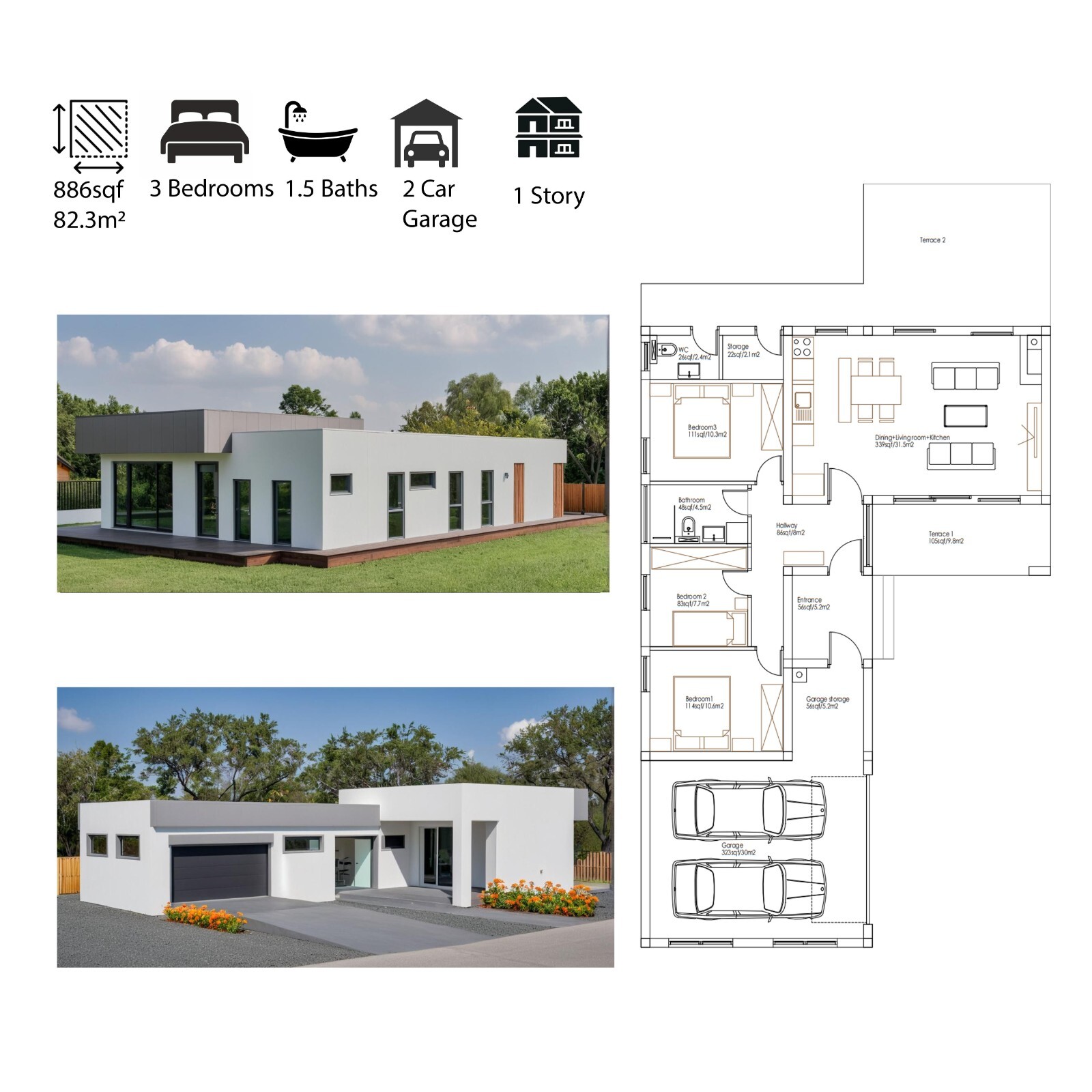 Small Modern 3 Bedroom 1.5 Bathroom House Floor Plan with Flat Roof, 886sqf/82m2