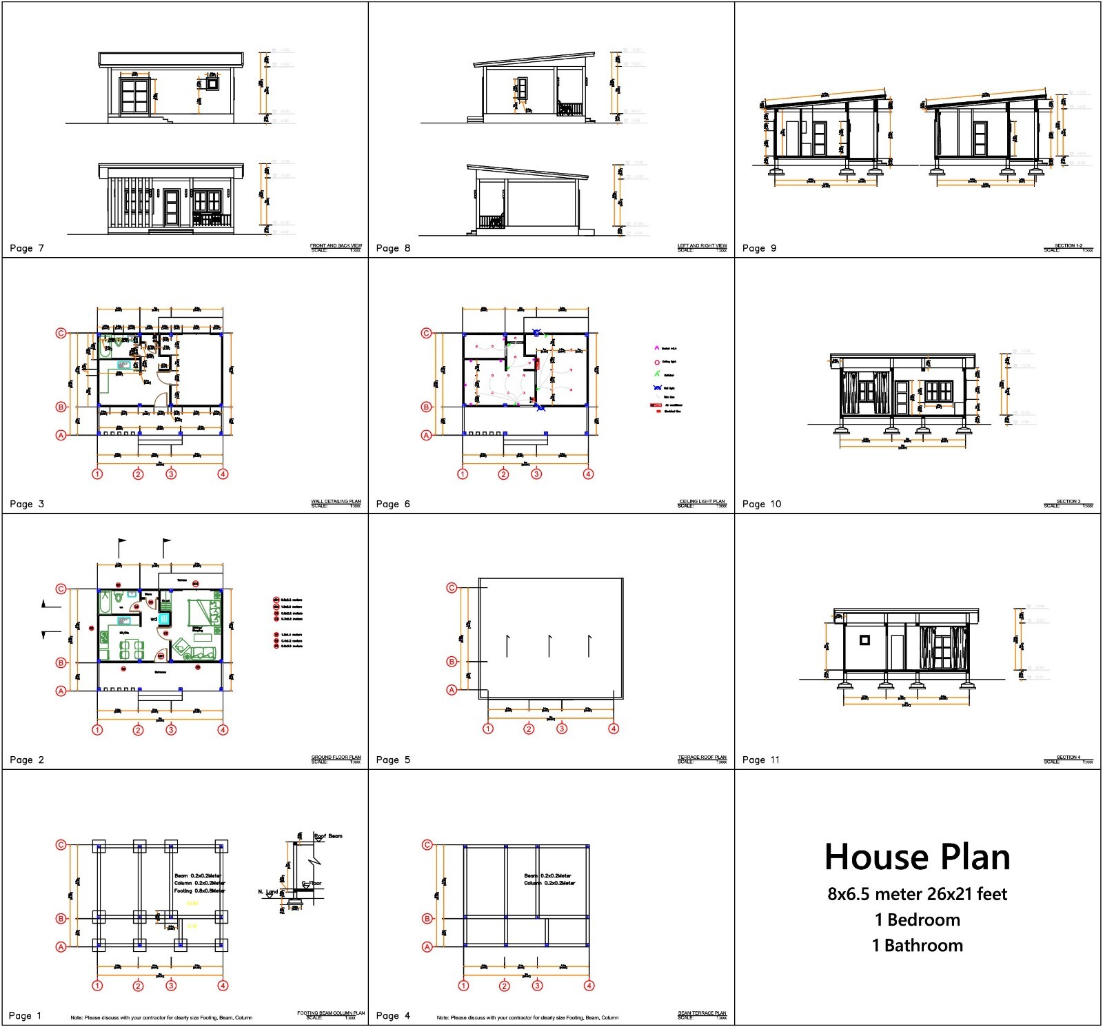 23×21 Feet Tiny House Plan 8×6.5 Meter 1 Bed 1 Bath Shed Roof PDF (A4 Hard Copy)