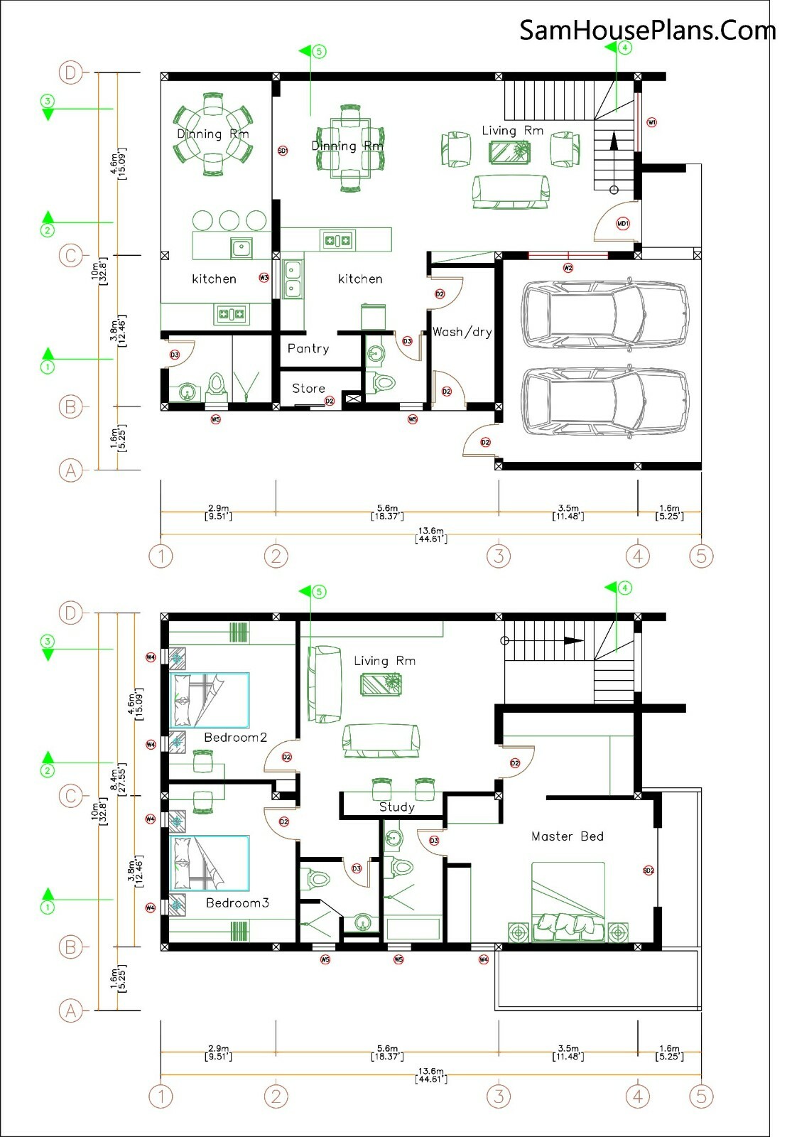 Custom House Plans 10×13.6 Meter 33×45 Feet 3 Beds 4 Baths Slap (A4 Hard Copy)