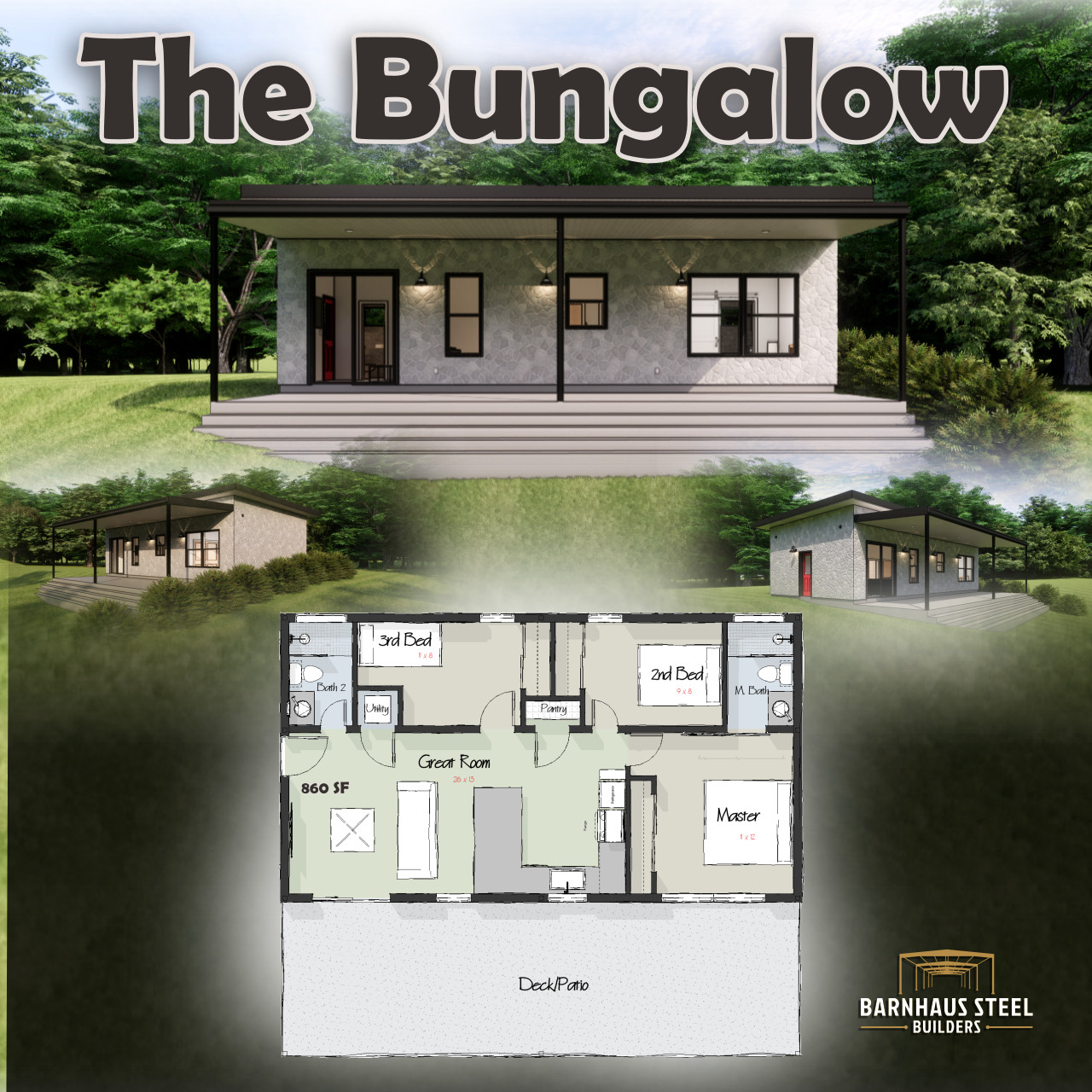 The Bungalow Barndominium Plan – 3 Bedrooms / 2 Baths 860 SF Design Blueprints