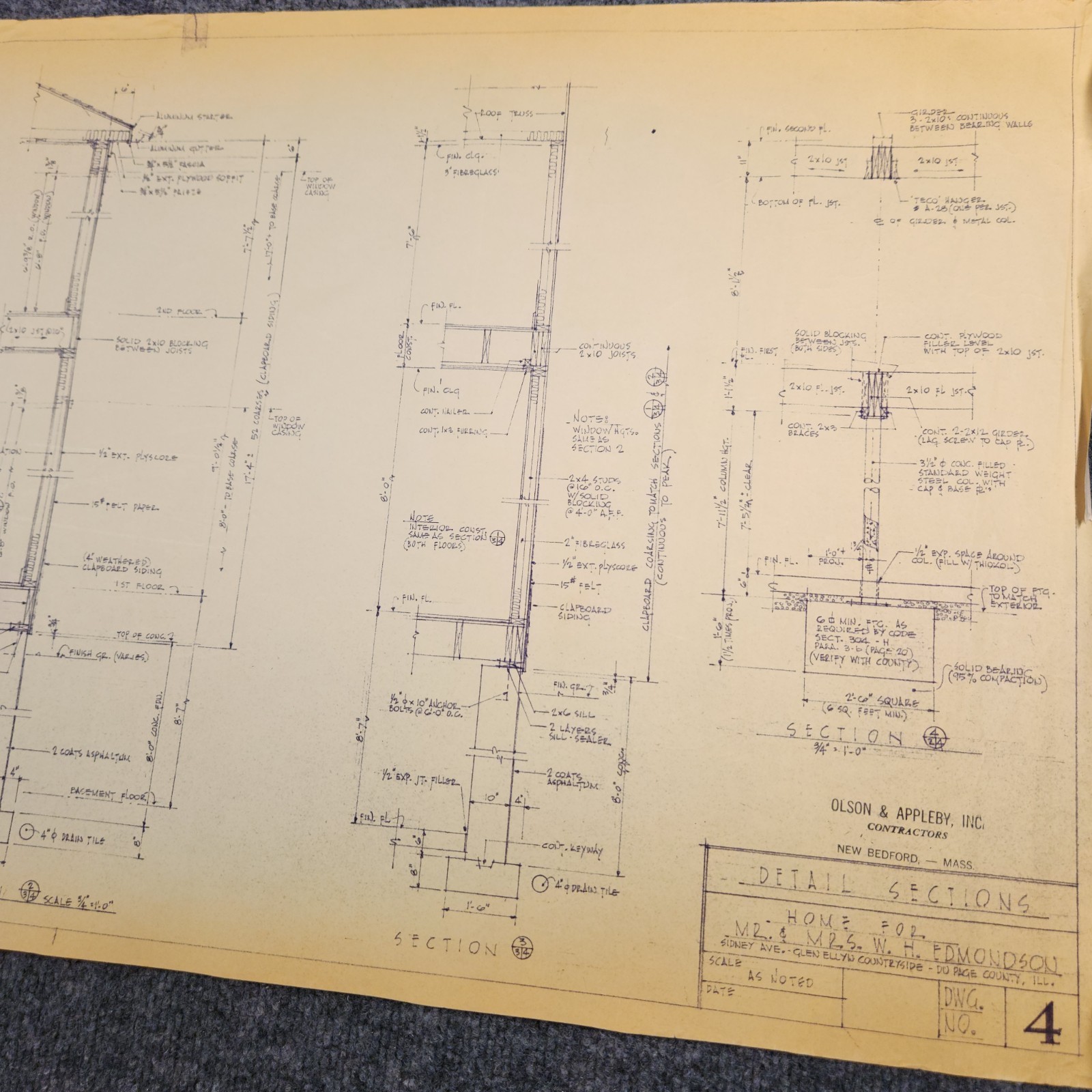 Vintage House Blueprint 33×17 1964 Mid Century Modern Drawing Art Glen Ellyn IL