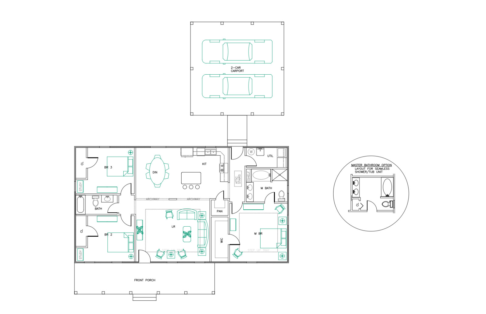 Ranch House Plans 1650 SF 3 Bed 2 Bath Open Floor – Split BR (Blueprints) #1201