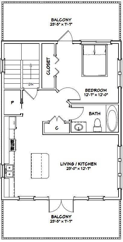 24×32 House — 1 Bedroom 1.5 Bath — 830 sq ft — PDF Floor Plan — Model 8C