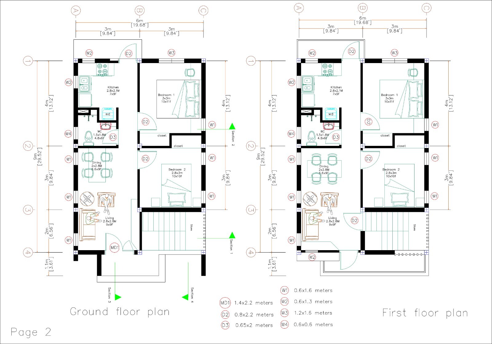 20×30 Duplex House 6×9 Meter 2 Beds 1 Bath Each Floor PDF Pan &(A4 Hard Copy)