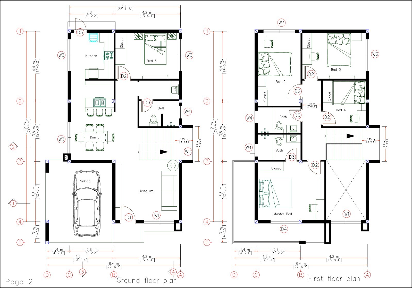 23×39 Feet House Design Plans 7×12 Meter 5 Beds 3 Baths Shed Roof (A4 Hard Copy)