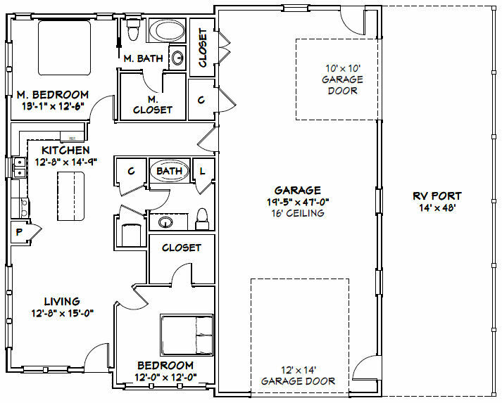 46×48 House – 2 Bedroom 2 Bath 1 RV – 1,157 sqft – PDF Floor Plan – Model 2