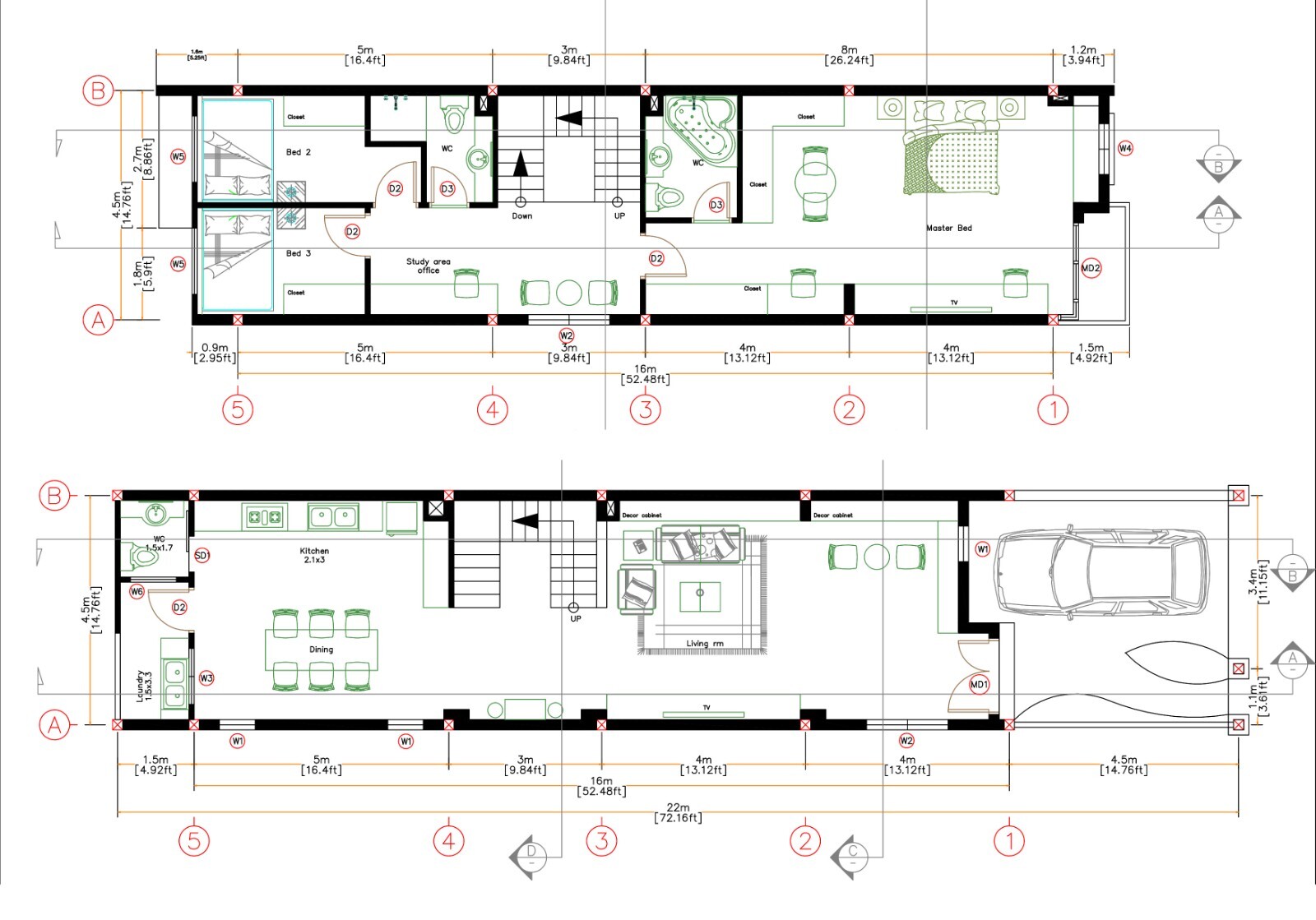 15×54 Feet Home Design Plan 4.5×16 Meter 3 Bed 3 Bath Terrace PDF (A4 Hard Copy)