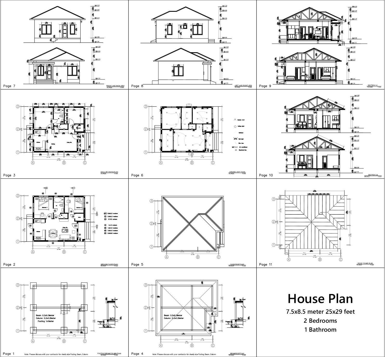 Tiny House 7.5×8.5 Meter 2 Bedrooms 25×29 Feet Full PDF Plans (A4 Hard Copy)