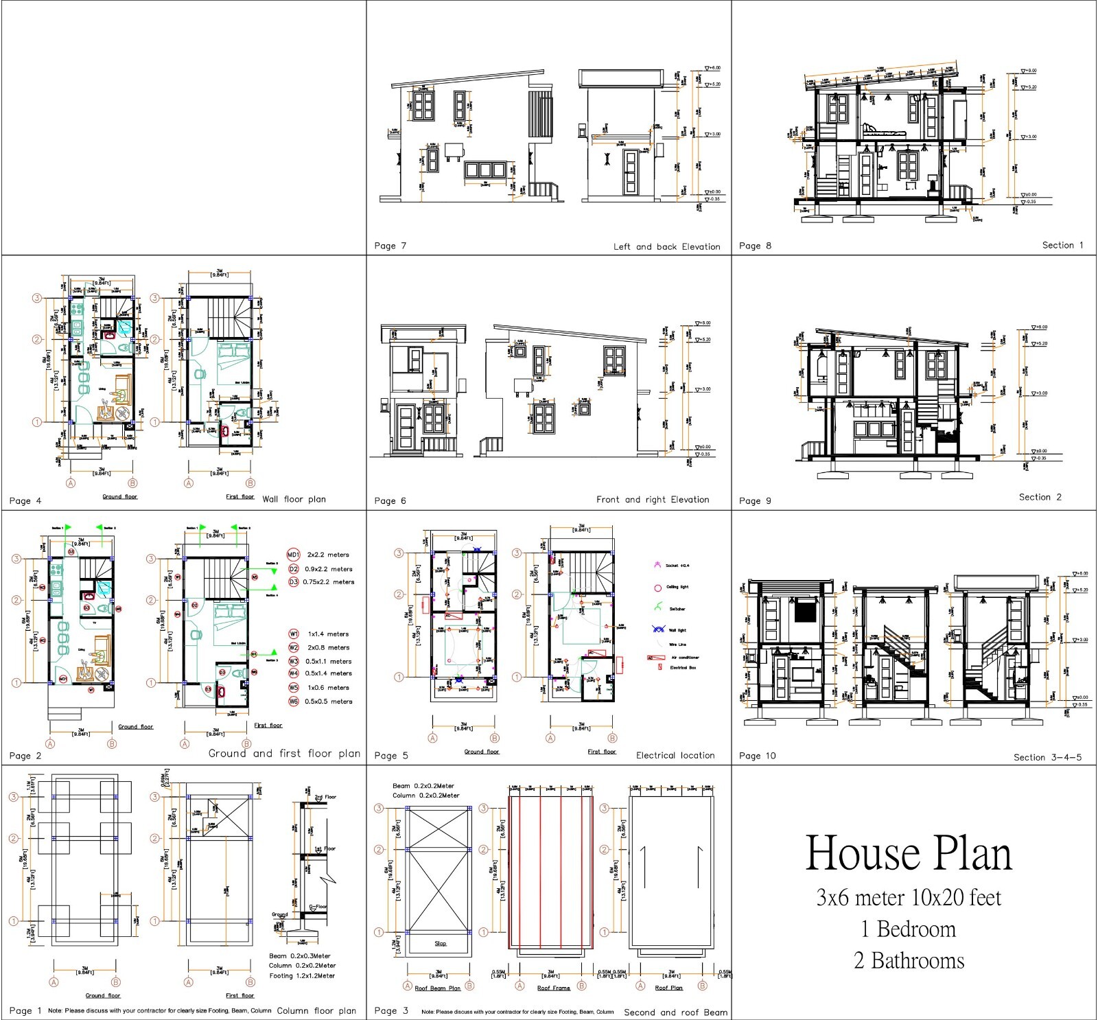 10×20 Feet Small House 3×6 Meter 1 Bed 2 Baths Shed Roof PDF Plan (A4 Hard Copy)