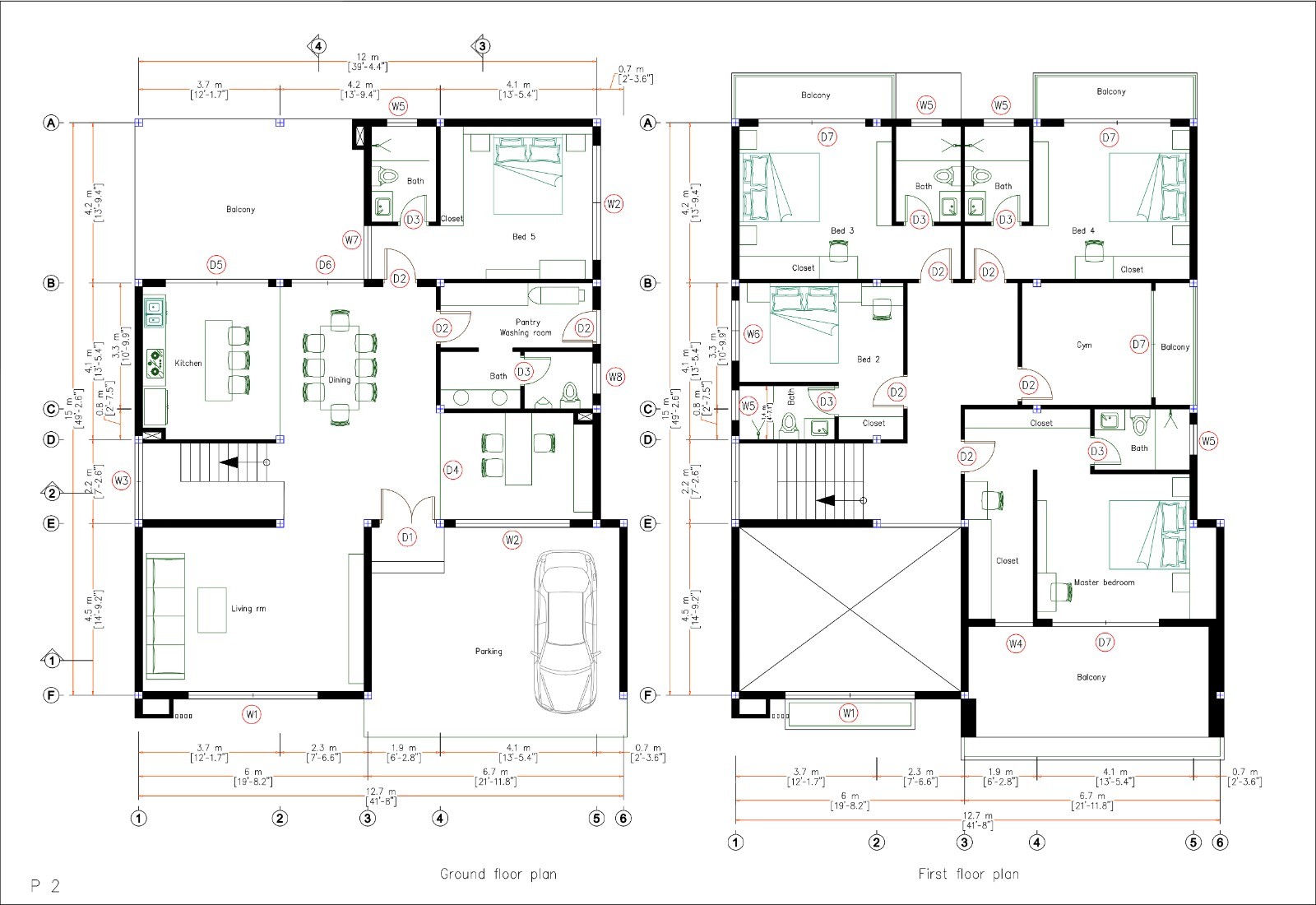 39×49 Feet Modern House Plan 12×15 Meter 5 Beds 6 Baths Flat Roof (A4 Hard Copy)