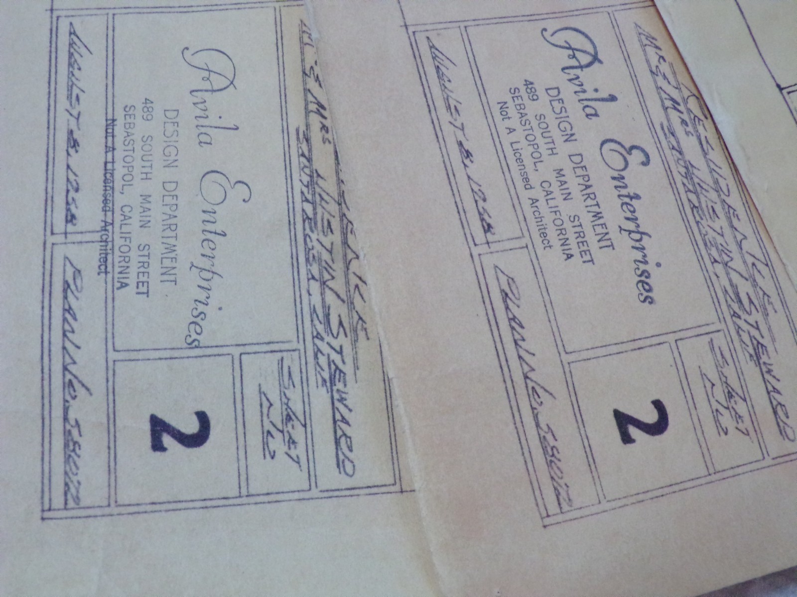 1958 AVILA ENTERPRISES SEBASTOPOL CA. HOUSE BLUEPRINTS 8 OLD PAPER EPHEMERA
