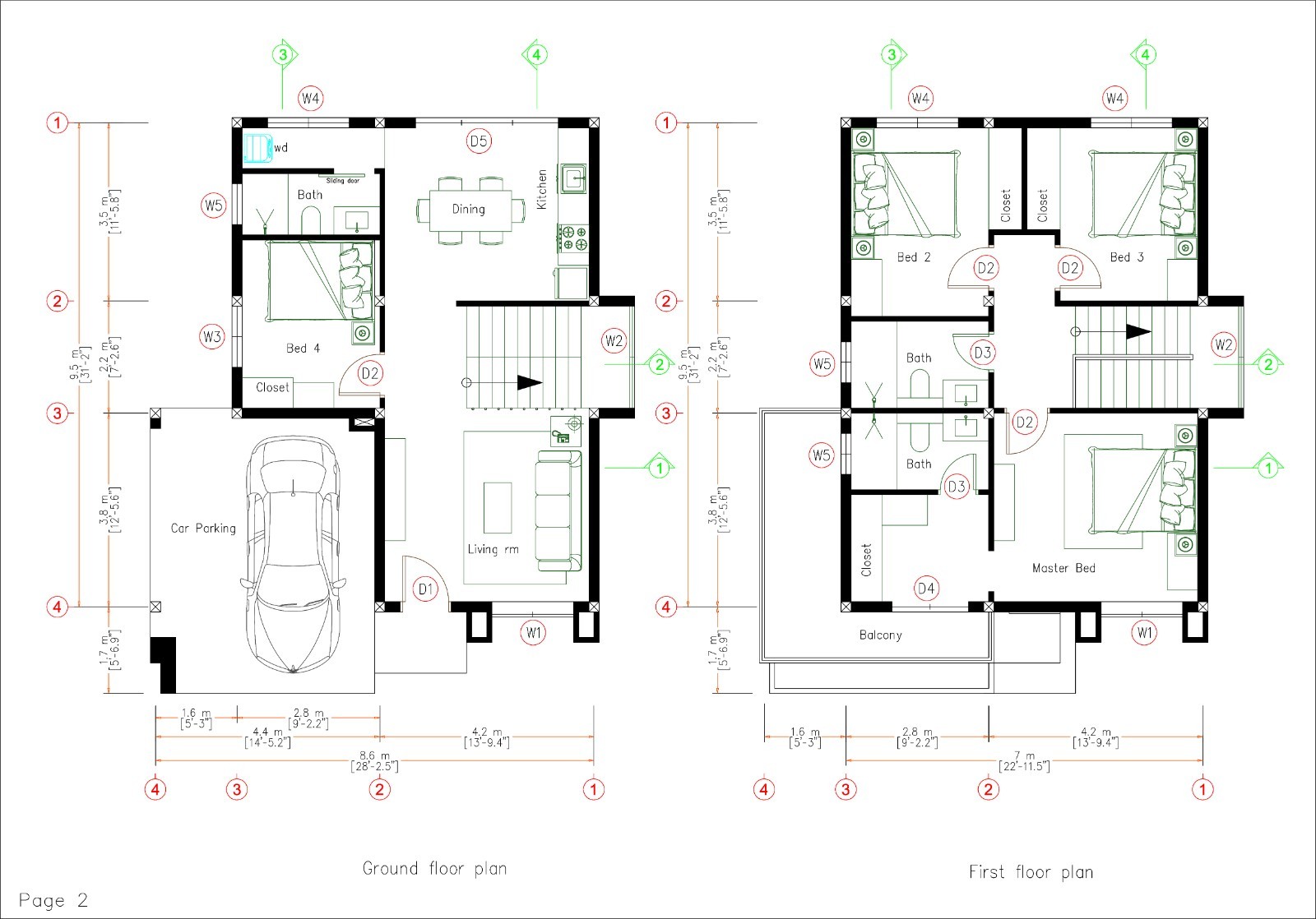 28×31 Feet Small House Design Plan 8.6×9.5 Meter 4 Bed 3 Bath PDF & A4 Hard Copy
