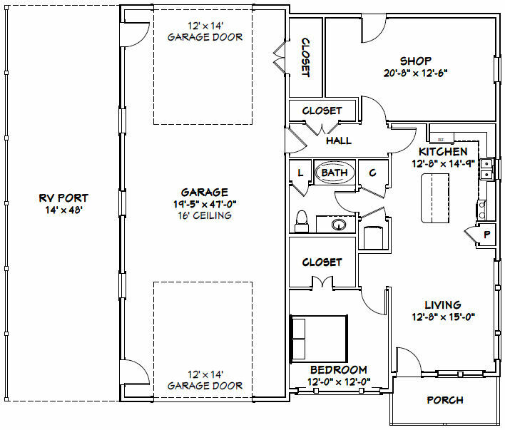 46×48 House – 1 Bedroom 1 Bath 1 RV – 1,157 sqft – PDF Floor Plan – Model 1A