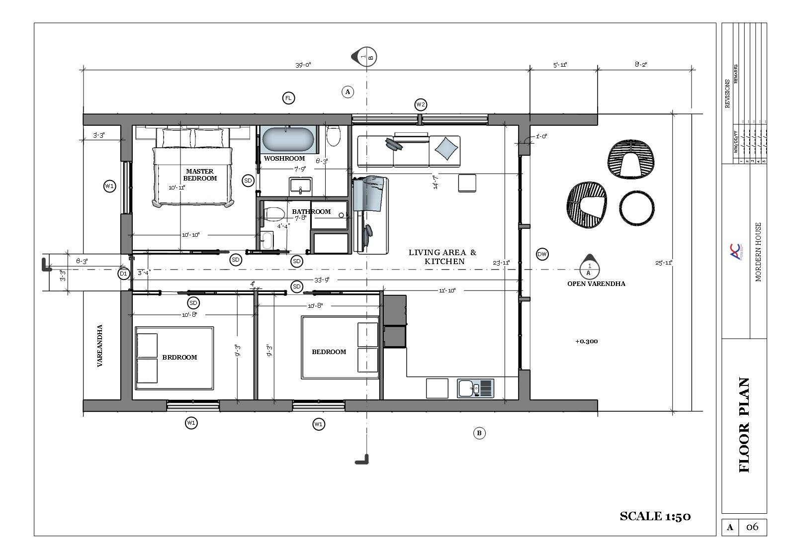 Modern House Plan 3D images 3 Bedroom DWG CAD File for Blueprint Plans -1014sqft