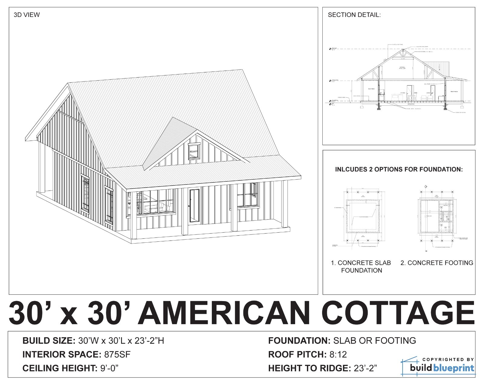 30 x 30 American Cottage Architectural & Construction Plans – PDF Download