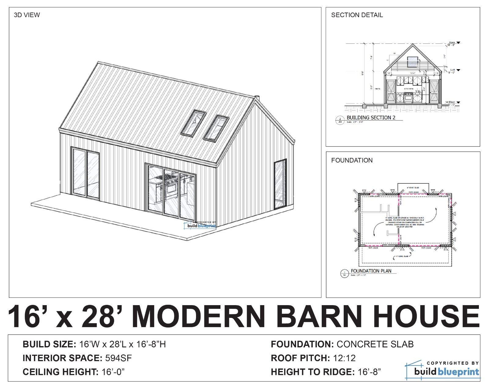 16′ x 28′ Modern Barn House Architectural Plans – PDF Download