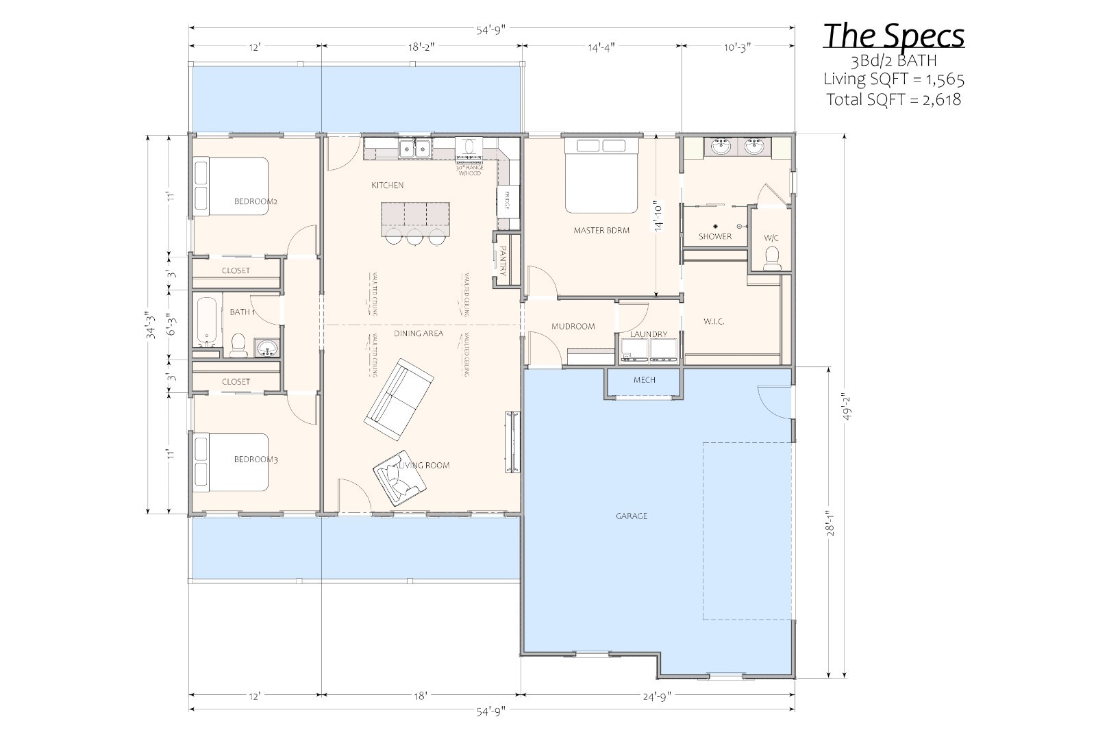Farmhouse Plan: 1,565 (Living) Sqft-3 Bedroom-2 bath-2 car Garage