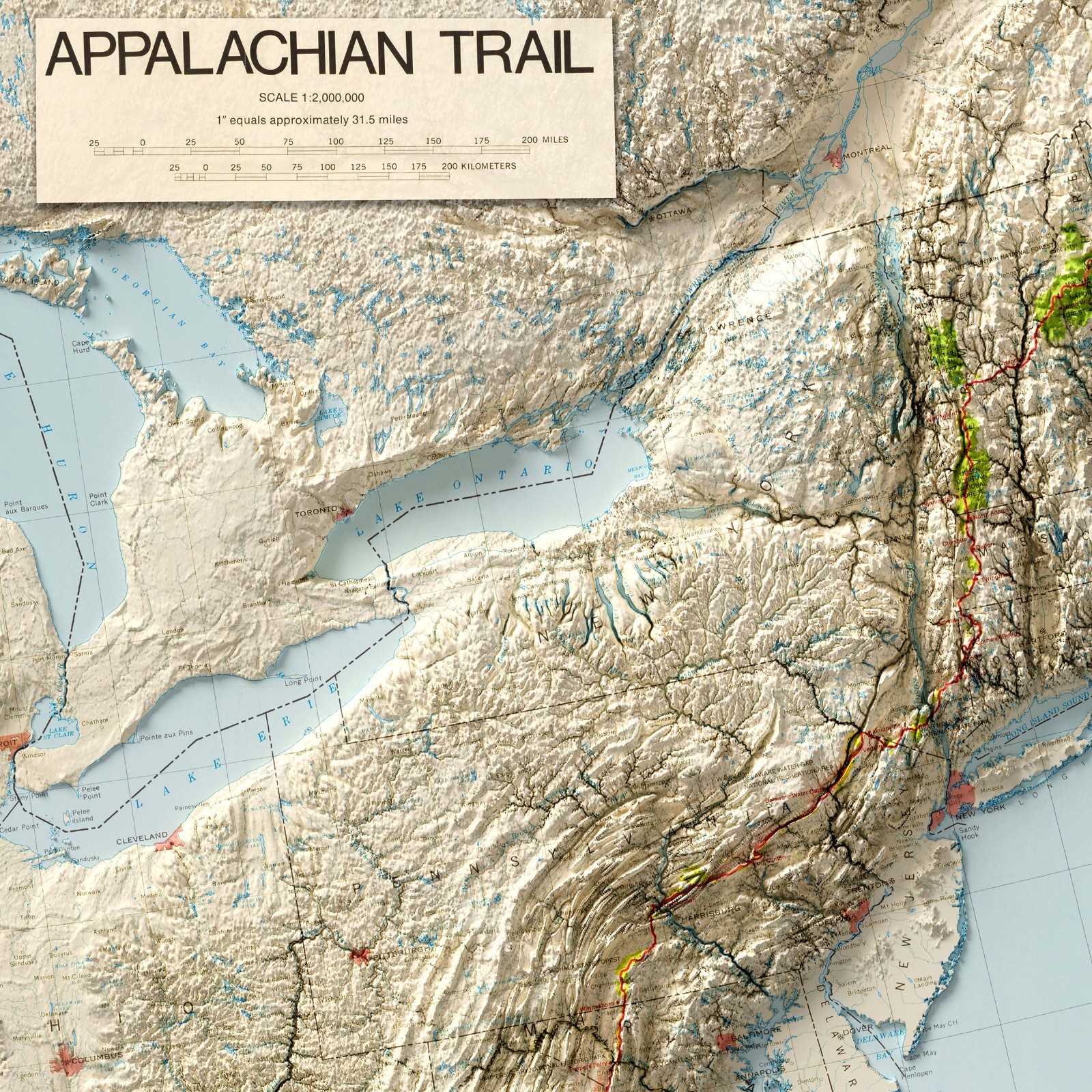 Appalachian Trail Shaded Relief Map Eastern US Hiking Topographic Wall Art