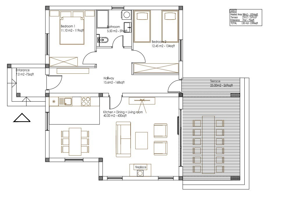 Small Modern 2 Bedroom 1 Bathroom House Floor Plan Blueprints, 1054SQFT/98m2