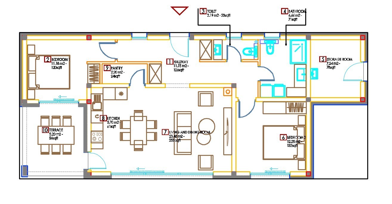 Small Modern 2 Bedroom 1.5 Bathroom House Floor Plan Blueprints, 1000SQFT/93m2