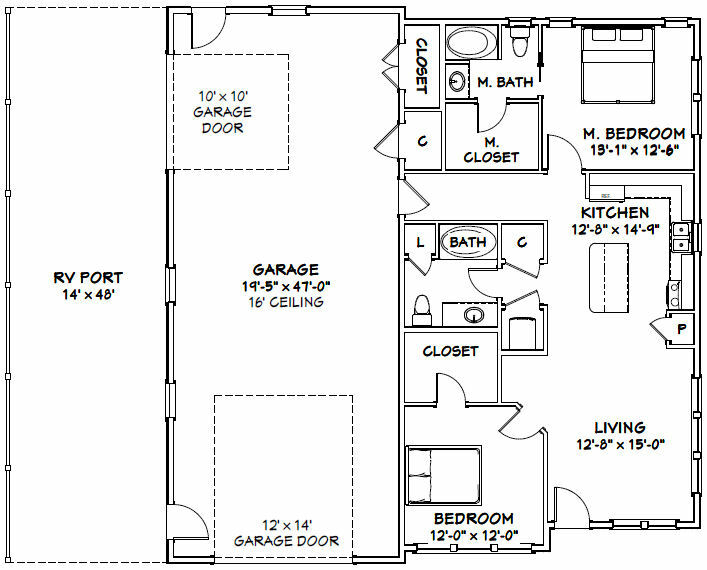 46×48 House – 2 Bedroom 2 Bath 1 RV – 1,157 sqft – PDF Floor Plan – Model 2A