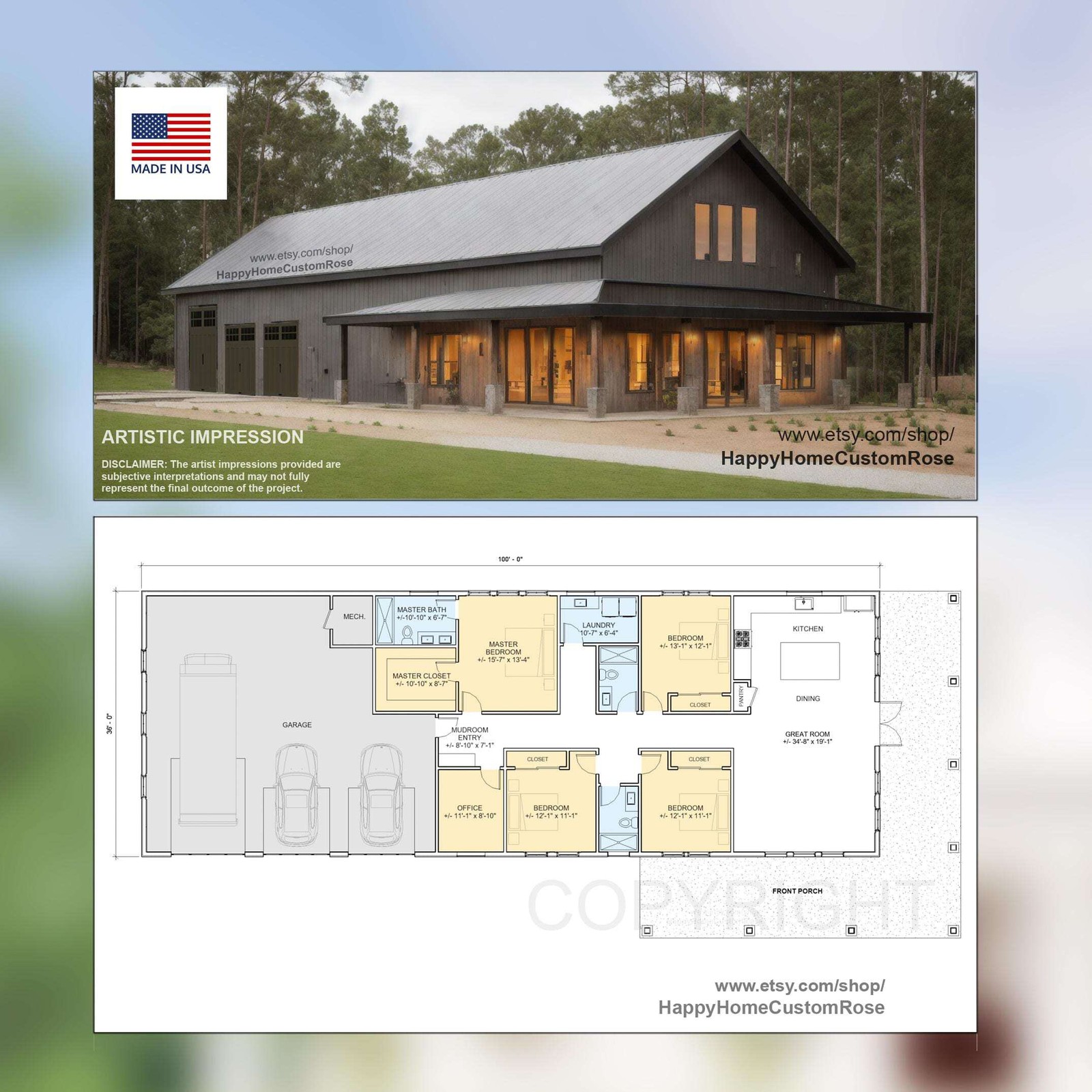 Brentwood Barn Barndominium Modern House Open Plan Design 100 x 36 – 4 Bed 3 Bat