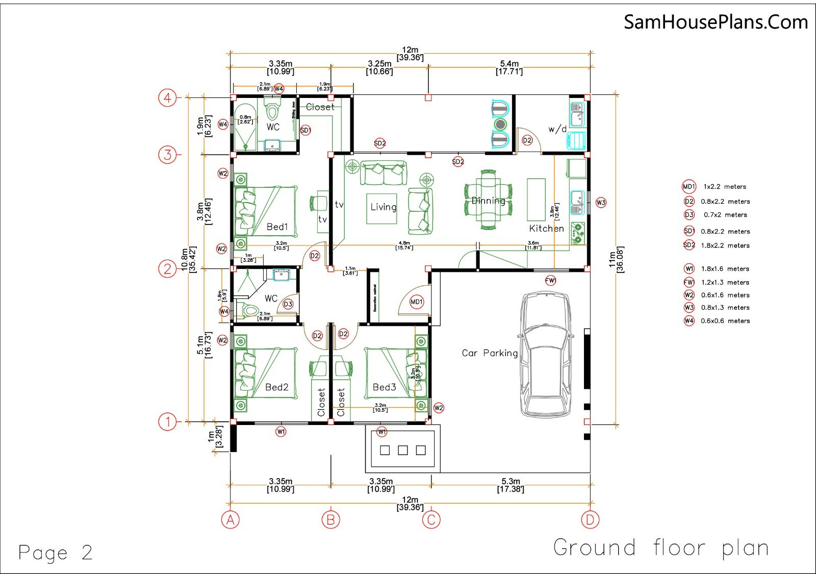 House Plans 40×36 Feet 12×11 Meter 3 Beds 3 Baths Terrace Roof (A4 Hard Copy)
