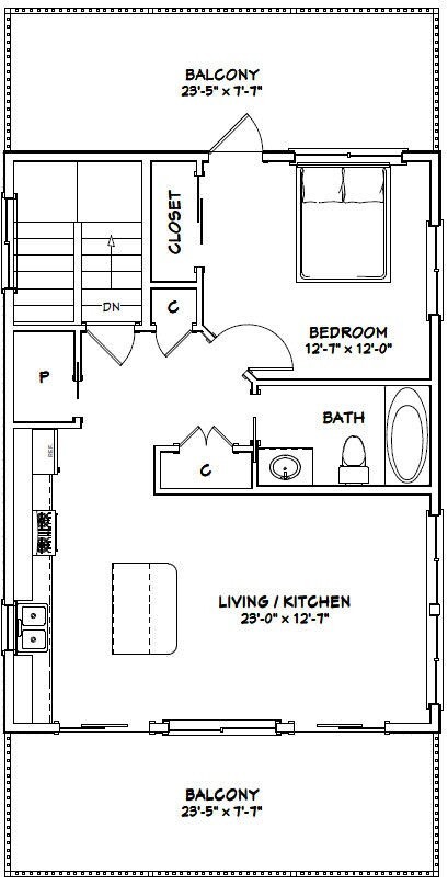 24×32 House — 1 Bedroom 1.5 Bath — 830 sq ft — PDF Floor Plan — Model 7
