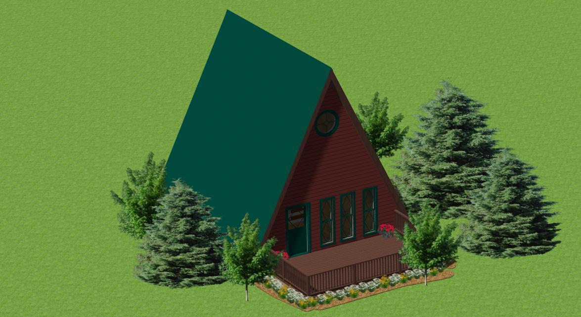 A-Frame Cabin Plans 800 square feet, open kitchen living area.