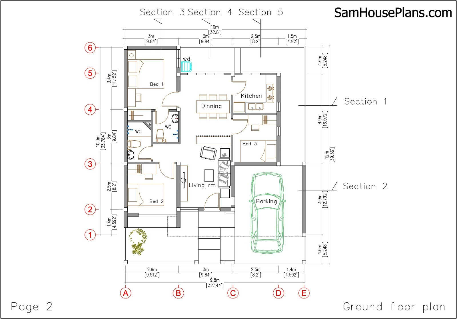 House Plan 10×12 Meter 33×40 Feet 3 Beds 2 Baths Slab Roof PDF (A4 Hard Copy)