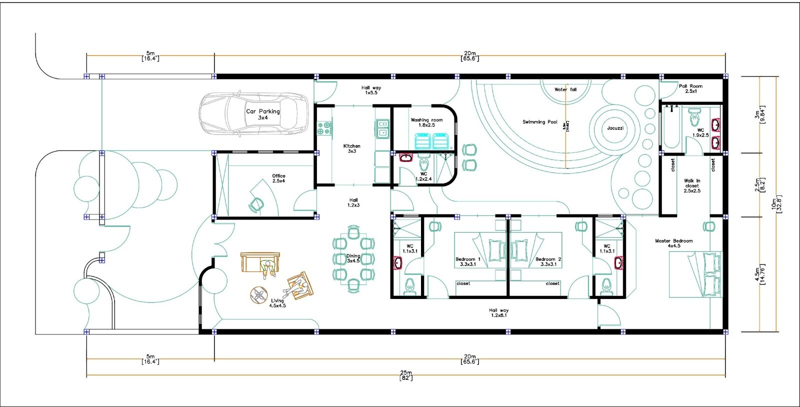 33×65 Feet House Plans 10×20 Meter 3 Bedrooms with Swimming Pool (A4 Hard Copy)